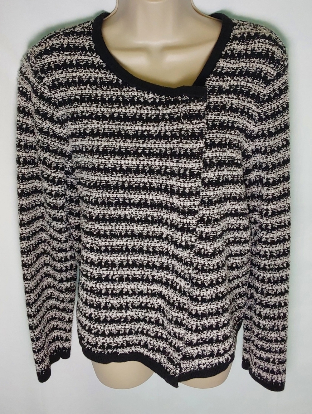 LOFT Black and White Striped Front-Zip Sweater